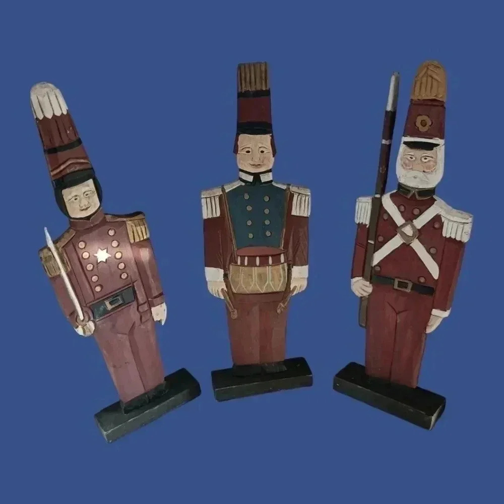 Vintage hand carved wooden soldier figurines christmas decor lot of 3